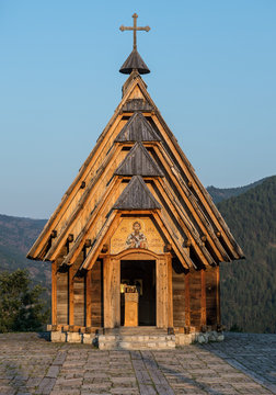Wooden Saint Sava Church in traditional Drvengrad village, Serbia