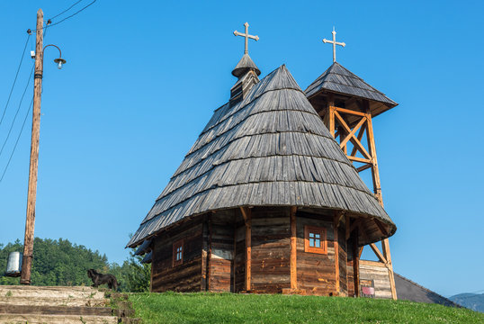Wooden Saint Sava Church in traditional Drvengrad village, Serbia