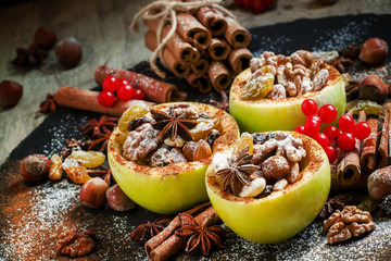 Ingredients for baked apple with nuts, selective focus