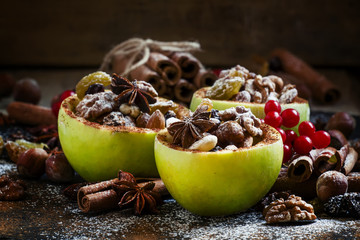 Ingredients for baked apple with nuts, selective focus