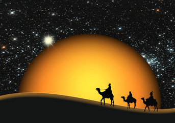 Fototapeta na wymiar Reyes Magos, desierto, estrellas, sol, fondo