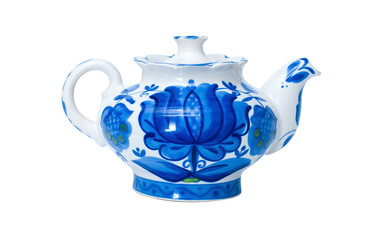porcelain teapots, Gzhel, blue color, white background