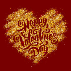 Festive greeting card for Valentines Day with calligraphic text and hand drawn heart shape with golden glitter texture. Vector illustration.