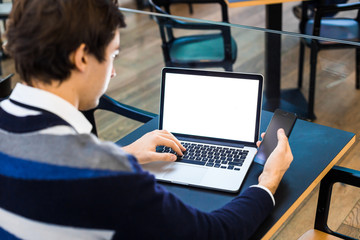 Closeup business freelance man using smartphone