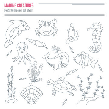 Collection of hand drawn sea creatures