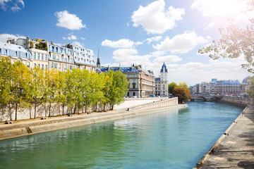 Notre Dame along the Seine river - obrazy, fototapety, plakaty