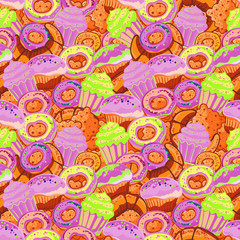 Pastry hand drawn seamless pattern. Doodle background collection confections. Icon set vector with donuts, cupcake, dessert, croissant, bagel