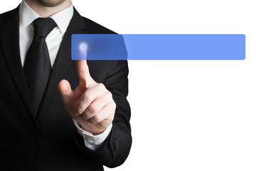 businessman pushing flat blue touchscreen panel