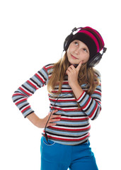 Girl with headphones listening to music.