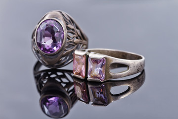 silver rings old style with purple gems