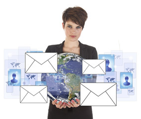 Young business woman with earth and email symbols isolated on white background
