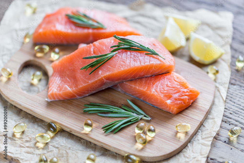 Poster sources of omega-3 acid (salmon, shrimps, omega-3 pills)