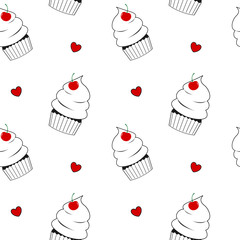 black and white cupcake with red cherry cute seamless vector pattern background illustration