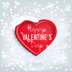 Heart made of button with shadow on a winter background with falling snow. Banner for Valentine's Day (14 February). Vector illustration