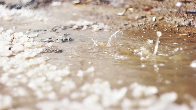Spring puddle with pices of ice and dropping water