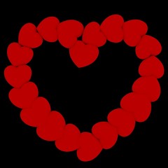 Beautiful red heart frame made with small hearts on a black background. Render.