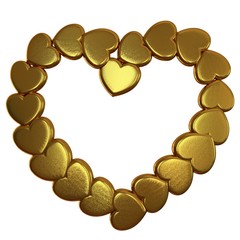 Beautiful golden heart frame made with small hearts on a white background. Render.