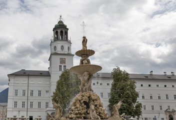 Residence Square with famous Residenz Fountain in Salzburg, Austria.