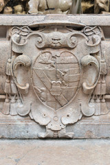 Coat of arms at famous Residenz Fountain in Salzburg, Austria.