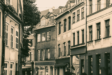 Black and white retro photo of old street in Riga, Latvia