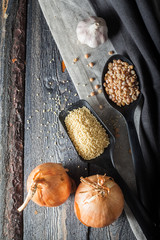 onion, garlic, pearl barley, beans, buckwheat and millet groats
