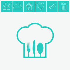 Chef hat with fork, spoon and knife inside.