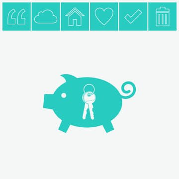 Pig with key vector icon. Moneybox icon.