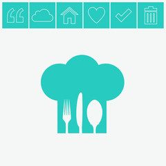 Chef hat with fork, spoon and knife inside.