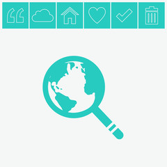 Global search vector icon. World globe symbol. Earth with magnifying glass search icon.