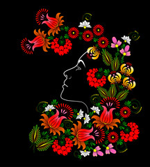 Flower. Woman's face. Vector in Ukrainian traditional painting - 99208218