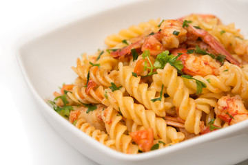 Fusilli ai gamberi e pomodoro, pasta with shrimps and tomato sauce