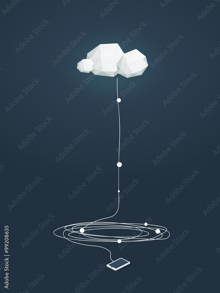 Poster cloud computing concept illustration with low poly clouds and smartphone connected. data storage inf