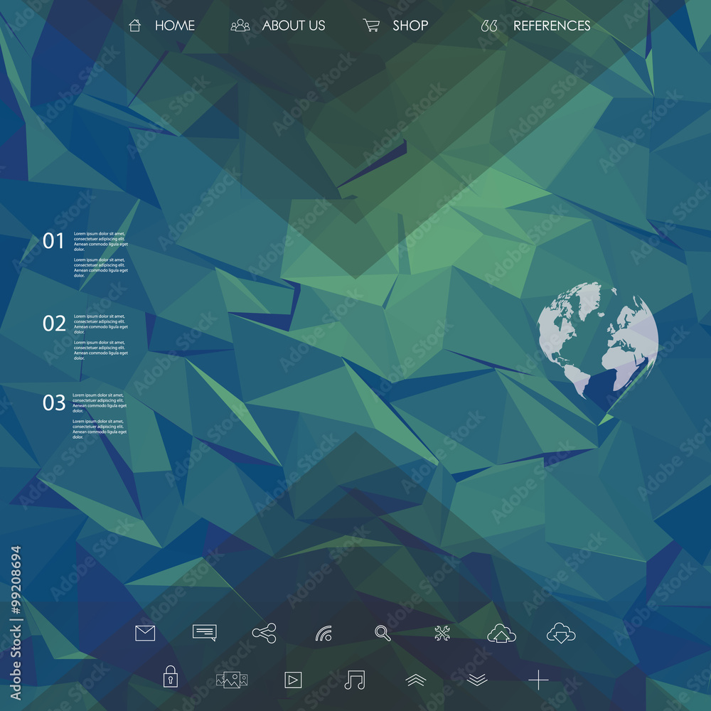 Poster website landing page template with set of line icons user interface and blue, green underwater low p