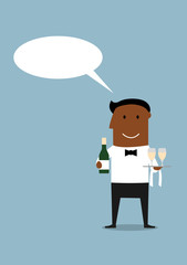 Happy waiter with bottle and wine glasses