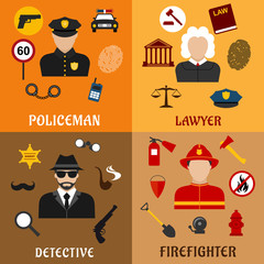 Policeman, firefighter, detective and lawyer icons