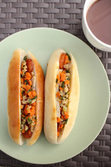 Breakfast of vietnamese bread with hot chocolate