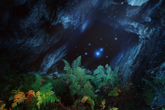 Dark magical cave with mountain spirits