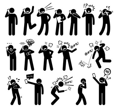People Expressions Feelings Emotions While Talking on a Cellphone Stick Figure Pictogram Icons