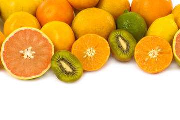 fruits with kiwi, orange, lemon, lime, orange,

