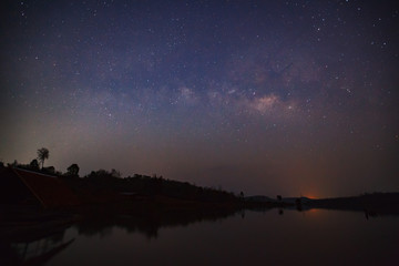 Milky Way and silhouette of hut, Long exposure photograph, with