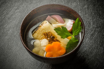 典型的なお雑煮 Ricecake boiled with vegetables(zouni) 