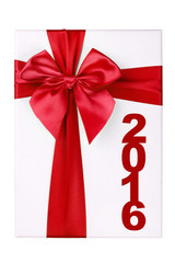 White gift Box with red ribbon 2016 on white background.