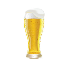 Glass fresh beer with cap of foam and water drop isolated on whi