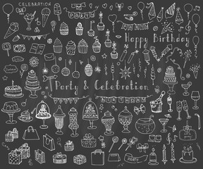 Hand drawn doodle Party and Celebration Concept Vector illustration Sketchy Party icons set Happy Birthday Party elements Carnival festive icons Gifts, Hat, Cake, Bow, Drink, Firework, Sweets, Flags