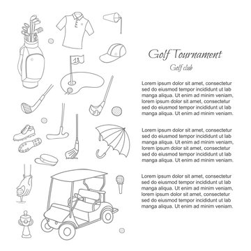 Collection of stylized hand drawn Golf icons, Golfer Equipment set Vector illustration Golf club Golf course background Ball Bag Flag Putter Golf set Golf cart symbol collection Sport Hobby icons