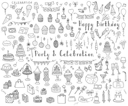 Hand drawn doodle Party and Celebration Concept Vector illustration Sketchy Party icons set Happy Birthday Party elements Carnival festive icons Gifts, Hat, Cake, Bow, Drink, Firework, Sweets, Flags