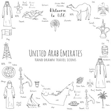 Hand drawn doodle UAE set Vector illustration Sketchy Emirati food icons United Arab Emirates elements Arabic Dubai Abu Dhabi Camel Oil Abaya Hijab Kandura Muslim Travel icons Welcome to Emirates