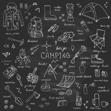 Set of hand drawn camping equipment symbols and icons, hiking, mountain climbing and camping doodle elements, vector illustration, camp clothes, shoes, gear and camp associated things