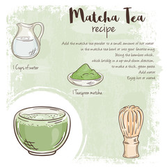 vector hand drawn illustration of matcha tea recipe with list of ingredients - 99217898