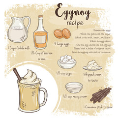 vector hand drawn illustration of eggnog recipe with list of ingredients - 99218830